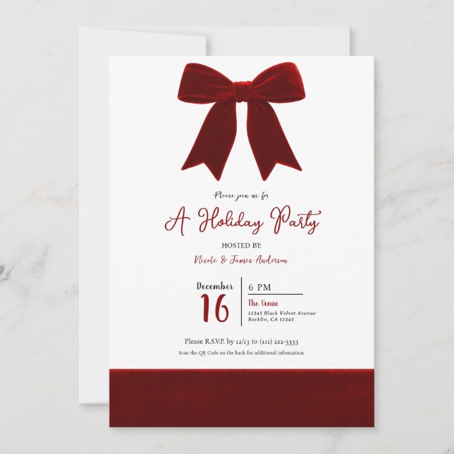 Red Velvet Bow Elegant Posh Photo Holiday Party Invitation (Front)