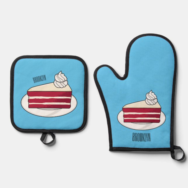 Red velvet cake cartoon illustration oven mitt & pot holder set (Front)