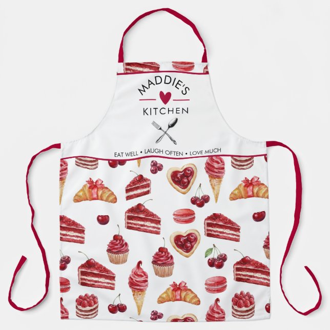 Red Velvet & Cherry Dessert Pattern Watercolor Apron (Front)