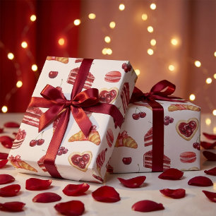 Red Velvet & Cherry Dessert Pattern Watercolor Wrapping Paper