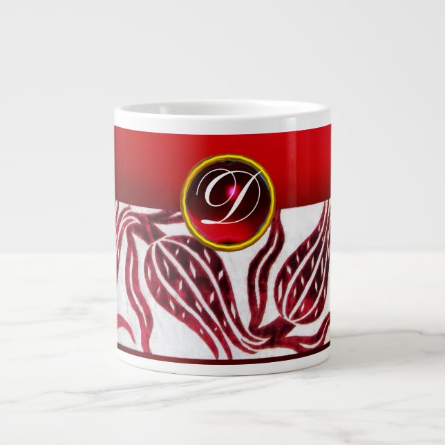 RED VELVET DAMASK TULIP MONOGRAM Burgundy White Large Coffee Mug (Front)