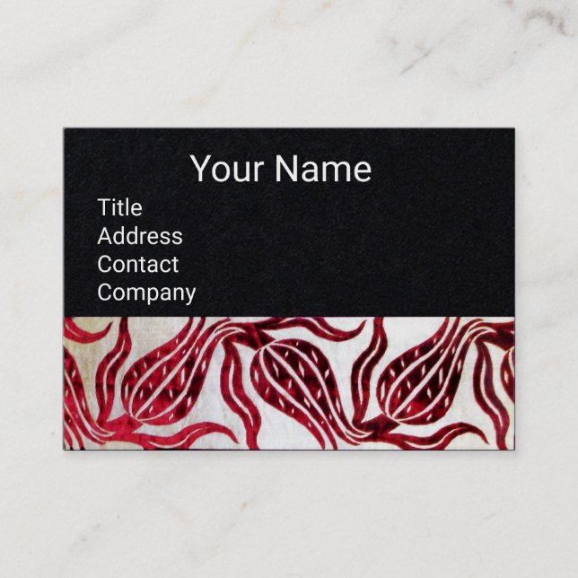 RED VELVET DAMASK TULIPS MONOGRAM Black Paper Business Card (Front)