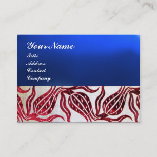 RED VELVET DAMASK TULIPS MONOGRAM Burgundy Blue Business Card