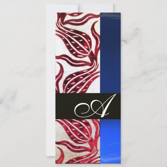 RED VELVET DAMASK TULIPS MONOGRAM Burgundy Blue Invitation (Front)