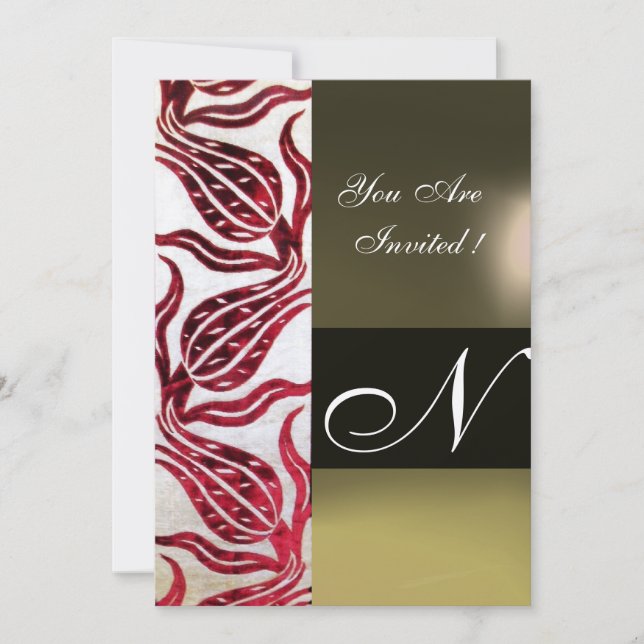 RED VELVET DAMASK TULIPS MONOGRAM Burgundy Gold Invitation (Front)