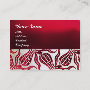 RED VELVET DAMASK TULIPS MONOGRAM Burgundy White Business Card