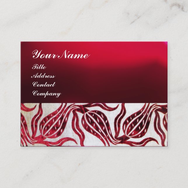 RED VELVET DAMASK TULIPS MONOGRAM Burgundy White Business Card (Front)