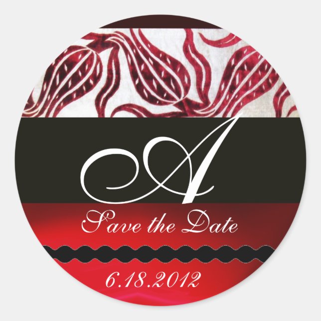 RED VELVET DAMASK TULIPS MONOGRAM Burgundy White Classic Round Sticker (Front)