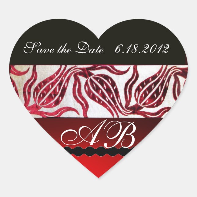 RED VELVET DAMASK TULIPS MONOGRAM Burgundy White Heart Sticker (Front)