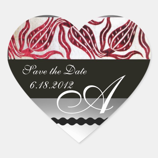RED VELVET DAMASK TULIPS MONOGRAM Burgundy White Heart Sticker (Front)