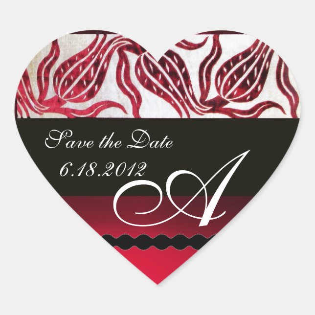 RED VELVET DAMASK TULIPS MONOGRAM Burgundy White Heart Sticker (Front)