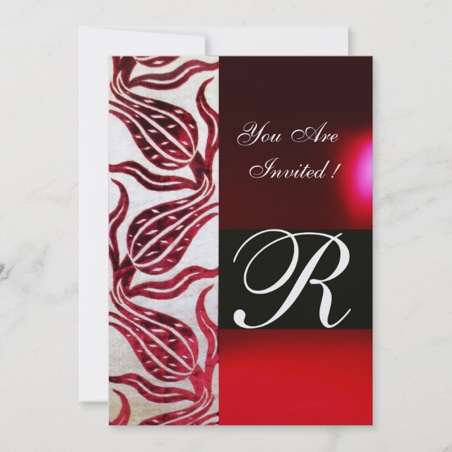 RED VELVET DAMASK TULIPS MONOGRAM Burgundy White Invitation (Front)