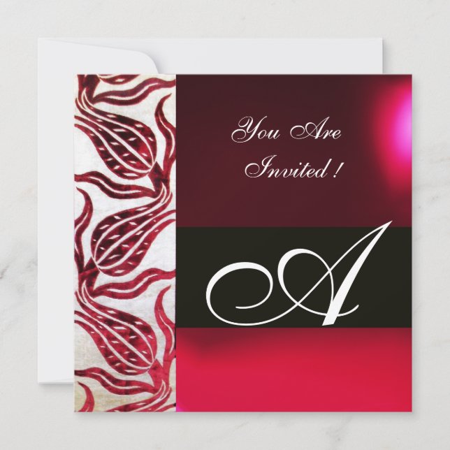 RED VELVET DAMASK TULIPS MONOGRAM Burgundy White Invitation (Front)