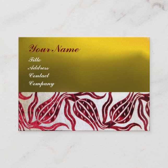 RED VELVET DAMASK TULIPS MONOGRAM Burgundy Yellow Business Card (Front)