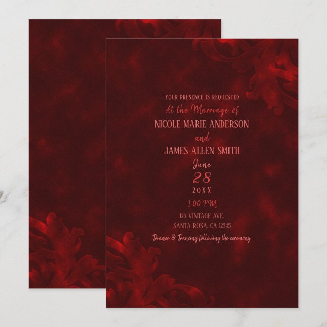 Red Velvet Elegant Vintage Glam Glamour Wedding Invitation (Front/Back)