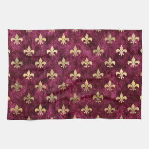 Red Velvet Fleur De Lis Mardi Gras Orleans Pattern Tea Towel