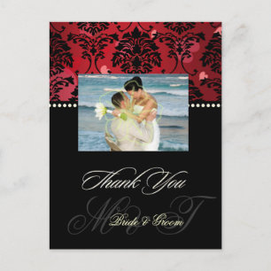 Red Velvet + Hearts Damask Wedding Photo Thank you Postcard
