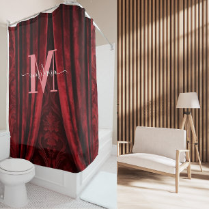Red Velvet Pink Monogram Modern Script Wedding Shower Curtain