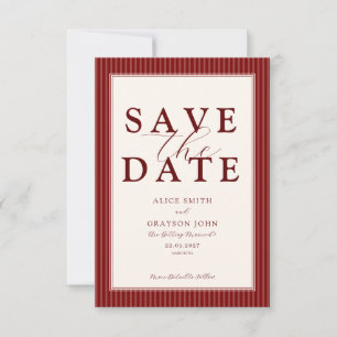 Red Velvet Script Classic Striped Wedding Save The Date