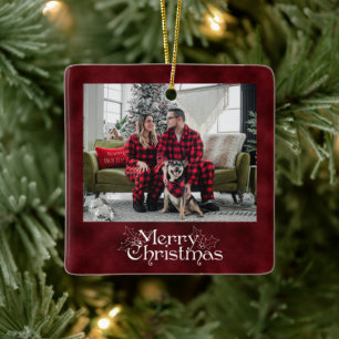 Red Velvet Vintage Merry Christmas Two Photo Ceramic Ornament
