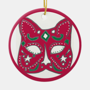 Red Venetian Cat Mask Design Ceramic Tree Decoration