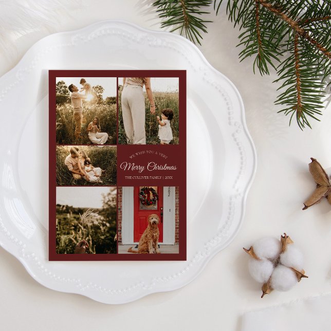 Red Very Merry Christmas Five Photo Collage Holiday Card (Creator Uploaded)