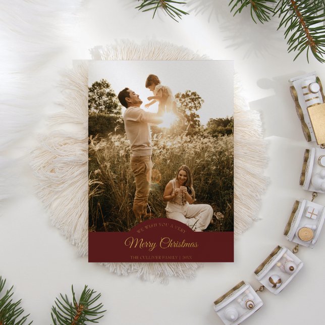Red Very Merry Christmas Four Photo Vertical Foil Holiday Card (Creator Uploaded)