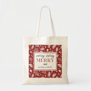 Red Very Merry with Botanical and Name Christmas Tote Bag