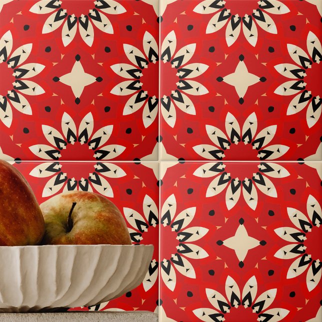 Red Vibrant Floral Ethnic Geometric Mosaic Pattern Tile (Creator Uploaded)