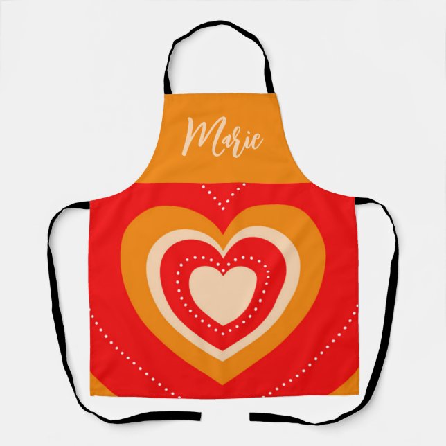 Red Vibrant Heart Cute Personalised Name Apron (Front)