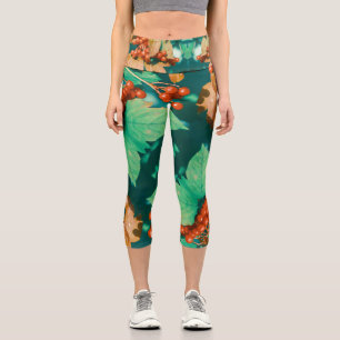Red Viburnum Berries Green Leaves Capri Leggings