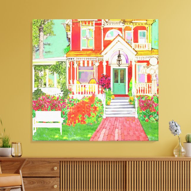 Red Victorian House Lush Yard Canvas Print (Insitu(LivingRoom))