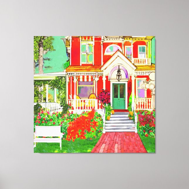 Red Victorian House Wrap Around Porch Canvas Print (Front)