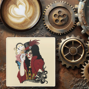 Red Victorian Steampunk Lady Vintage Octopus Glass Coaster