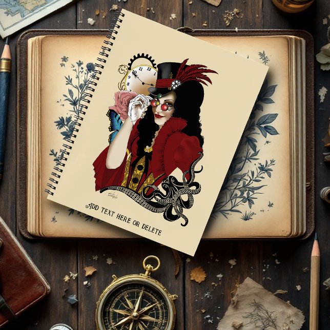 Red Victorian Steampunk Lady Vintage Octopus Notebook (Creator Uploaded)