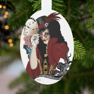 Red Victorian Steampunk Lady Vintage Octopus Ornament