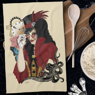 Red Victorian Steampunk Lady Vintage Octopus Tea Towel