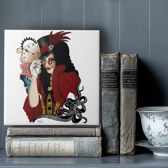 Red Victorian Steampunk Lady Vintage Octopus Tile (Creator Uploaded)