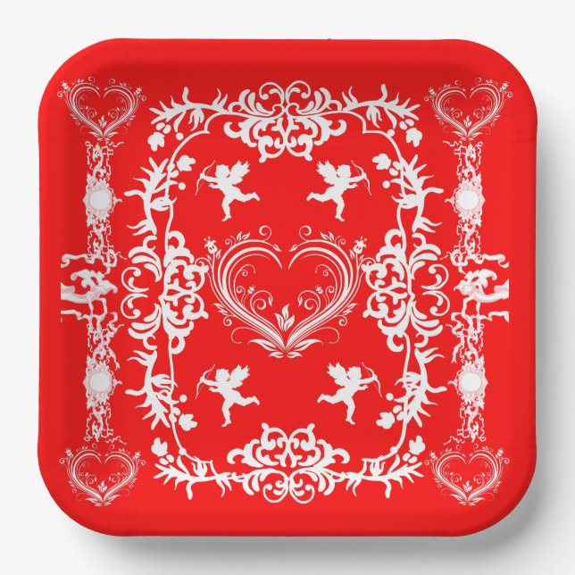 Red Victorian Valentines day paper plate (Front)