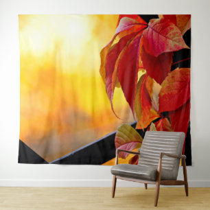 Red vine leaves, garden trellis, yellow background tapestry