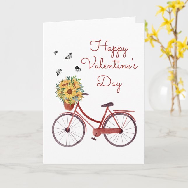 Red Vintage Bicycle Valentine Card (Yellow Flower)