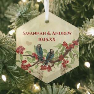 Red Vintage Bird Save the Date Damask Brown Notes Glass Tree Decoration