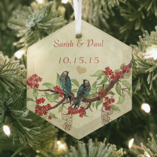 Red Vintage Bird Save the Date Damask Brown Notes Glass Tree Decoration
