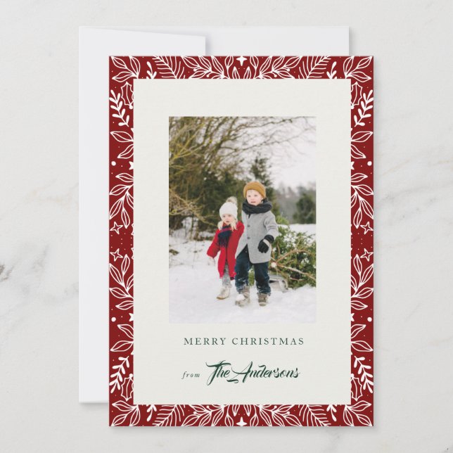 Red Vintage Botanical Frame Christmas Photo cards (Front)