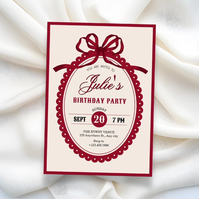 Red vintage bow birthday  invitation (Creator Uploaded)