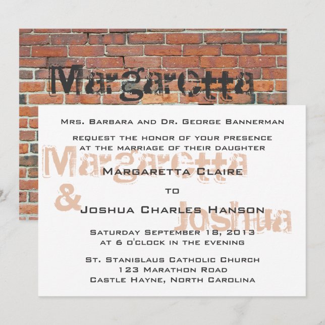 Red Vintage Brick Graffiti Wedding Invitation (Front/Back)