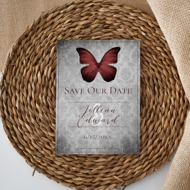Red Vintage Butterfly Damask Save the Date Announcement (Red Vintage Butterfly Damask Save the Date)