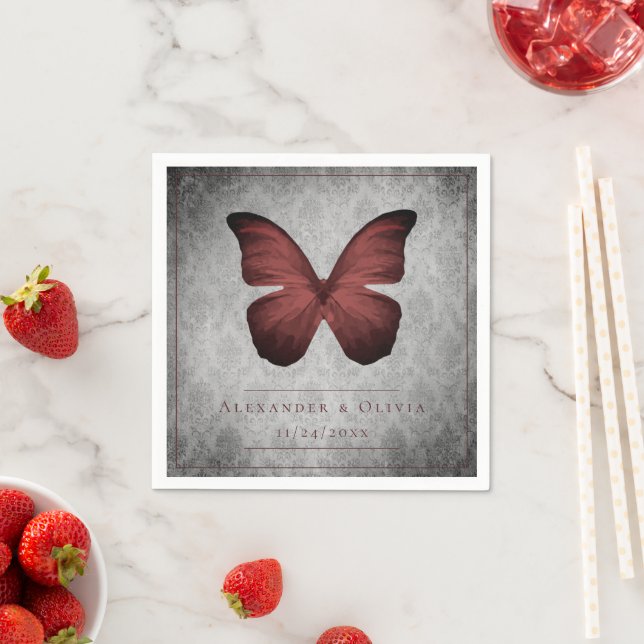 Red Vintage Butterfly Damask Wedding Napkin (Insitu)