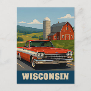 🌾 Red Vintage Car Farmhouse Travel 🚗 Postcard
