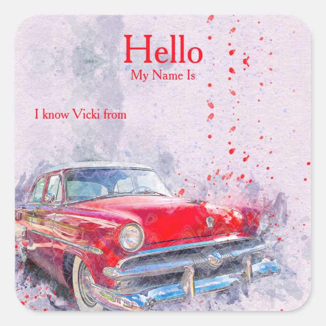 Red Vintage Car Name Tag Sticker (Front)